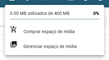 O menu Espaço de mídia da barra superior: a linha de uso, a porcentagem, o medidor e as entradas Comprar espaço de mídia e Gerenciar espaço de mídia.
