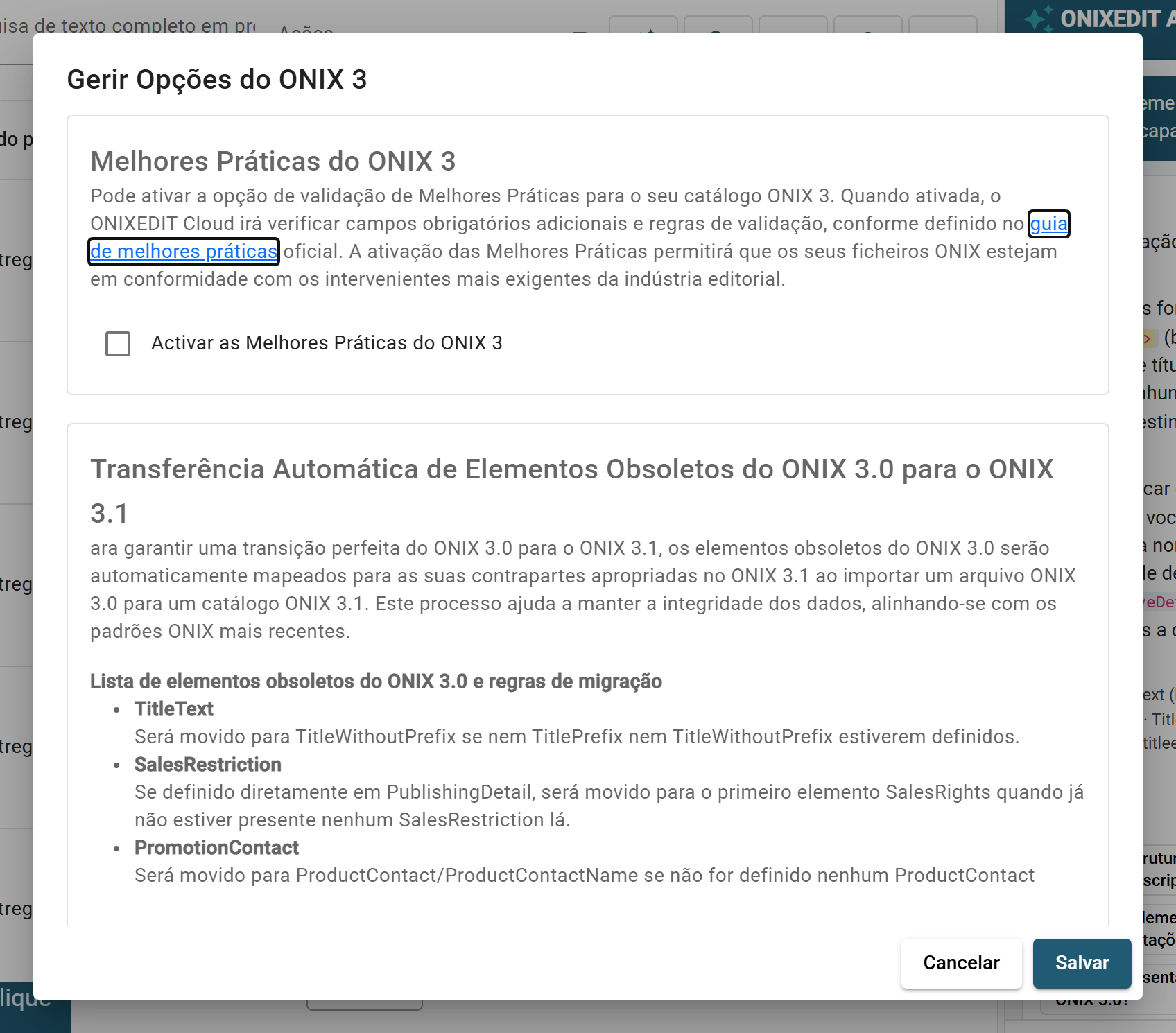 A caixa de diálogo Gerir Opções do ONIX 3 com o cartão Melhores Práticas do ONIX 3 e o cartão de transferência automática de elementos obsoletos do ONIX 3.0.