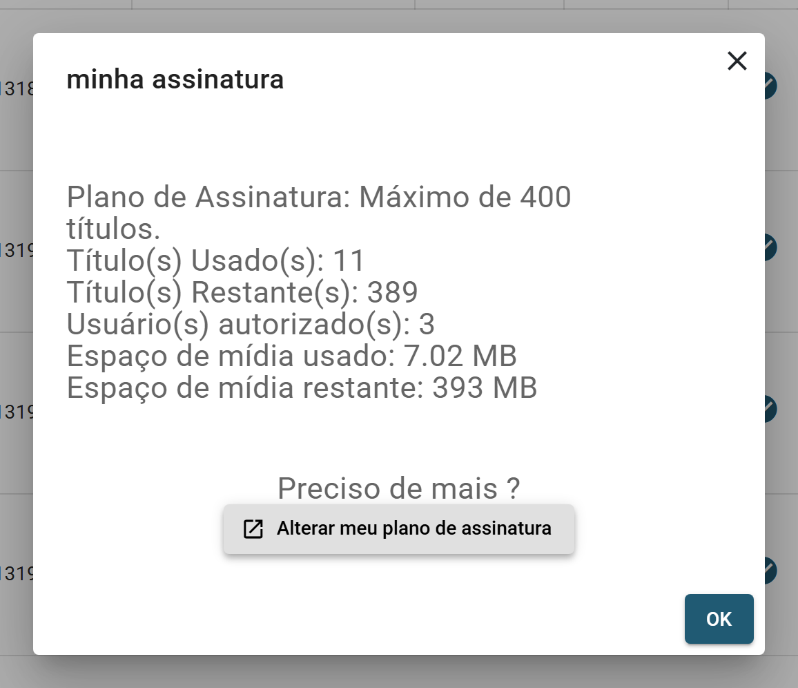 A caixa de diálogo Minha assinatura: plano, títulos usados e restantes, usuários autorizados, espaço de mídia usado e restante, e o botão Alterar meu plano de assinatura.