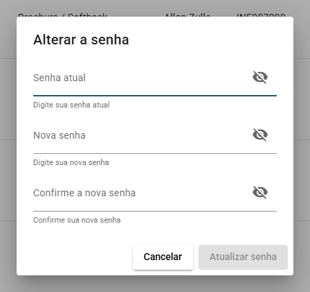 A caixa de diálogo Alterar a senha com os campos Senha atual, Nova senha e Confirme a nova senha.