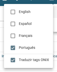 O menu Língua com o submenu Interface aberto, listando English, Español, Français, Português e a opção Traduzir tags ONIX