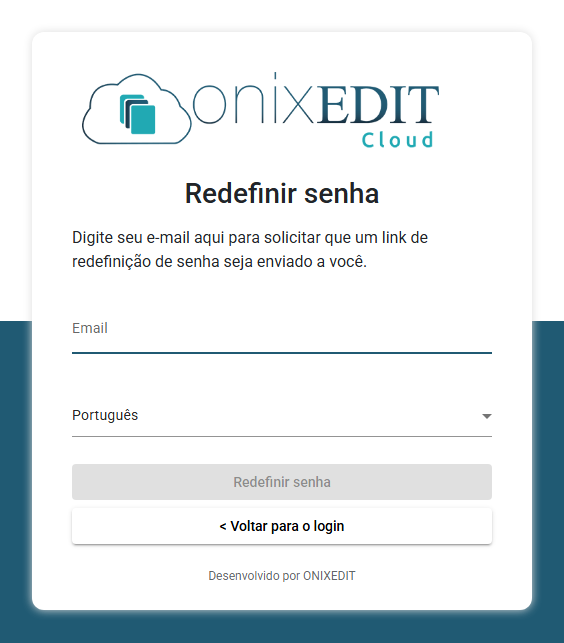 O formulário Redefinir senha pedindo o endereço de e-mail da conta, com o botão Redefinir senha e o link de volta à página de login