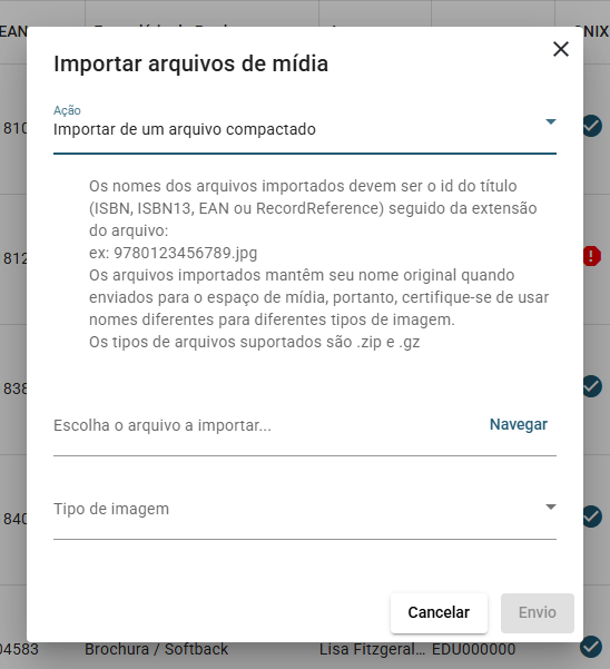 A caixa de diálogo Importar arquivos de mídia: o seletor Ação, as instruções de nomenclatura, o campo do arquivo compactado com seu botão Navegar e a lista Tipo de imagem.