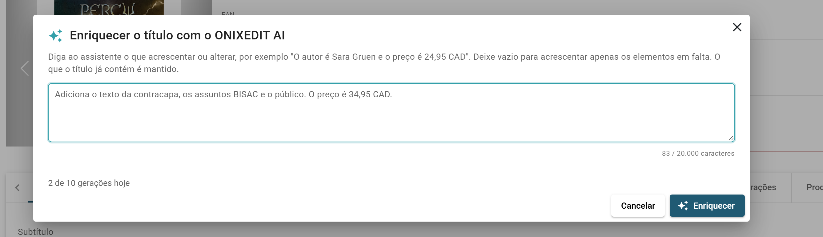 O diálogo Enriquecer o título com o ONIXEDIT AI: a caixa de instruções opcional, o contador diário de gerações e o botão Enriquecer
