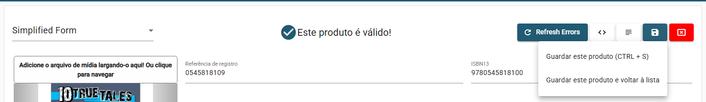O menu Opções de gravação da barra de ferramentas do cabeçalho, com as ações de salvar no lugar e de salvar e voltar.