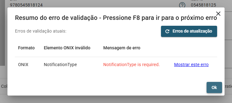 O diálogo Resumo do erro de validação listando cada erro com seu formato, elemento ONIX, mensagem e um link Mostrar este erro
