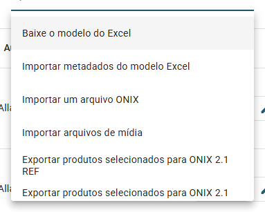 O menu suspenso Ações aberto em um catálogo ONIX 2.1, do modelo do Excel e das importações até Transmitir para parceiros