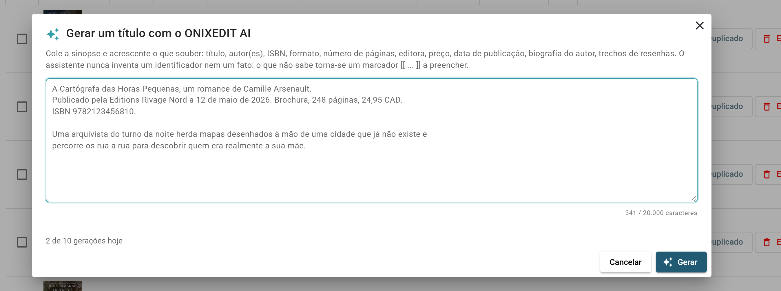 O diálogo Gerar um título com o ONIXEDIT AI: a caixa de texto para a sinopse e o que você sabe do título, o contador diário de gerações e o botão Gerar