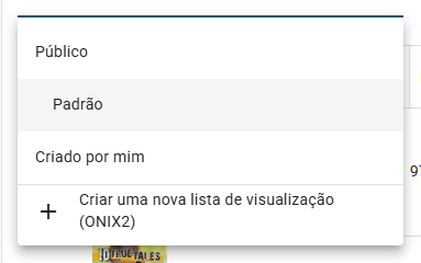 O seletor Visualizar aberto, com o grupo Público (Padrão e as visualizações fornecidas pela ONIXEDIT), o grupo Criado por mim e a entrada Criar uma nova lista de visualização
