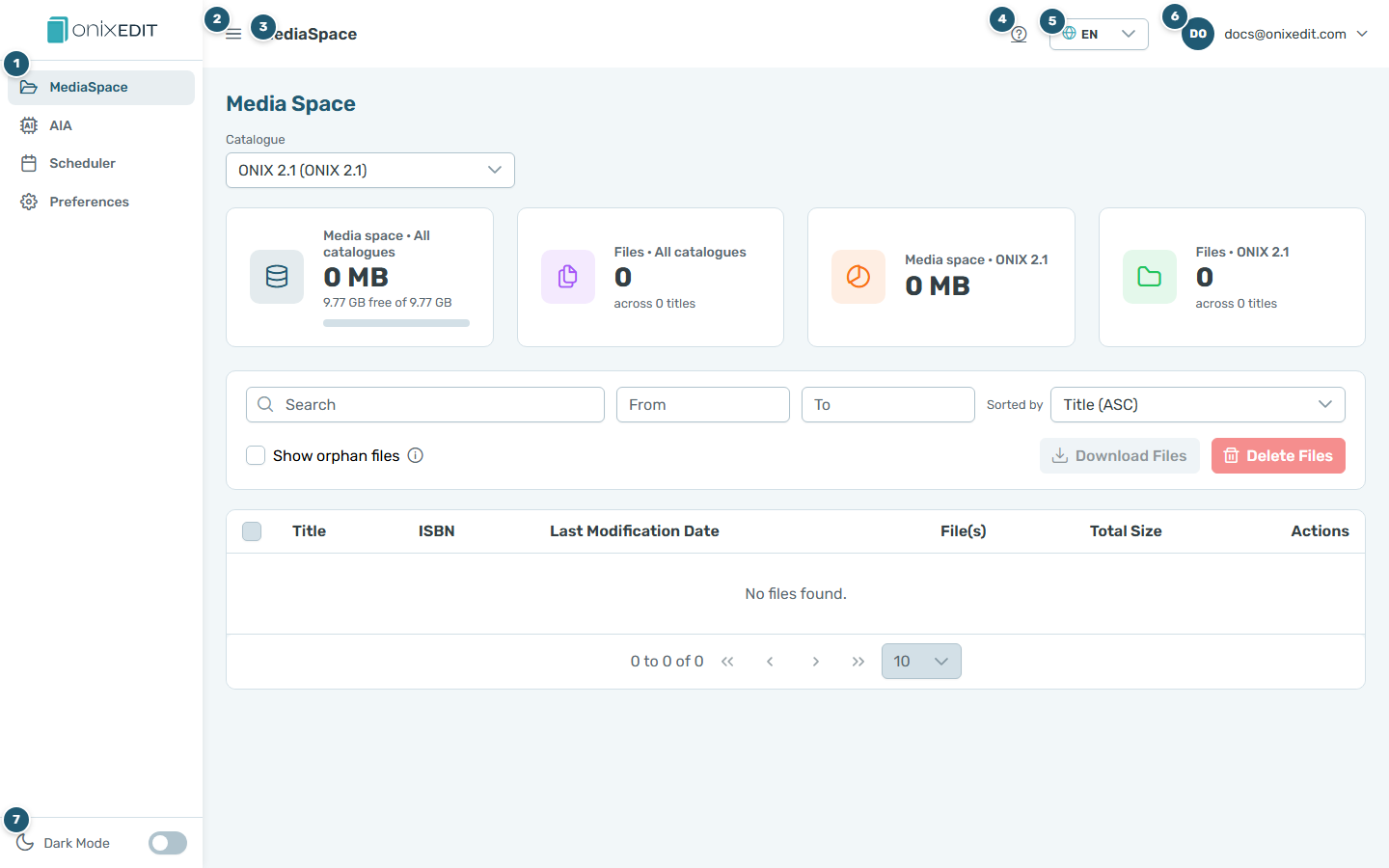 The Dashboard layout: 1 sidebar with the tools, 2 collapse button, 3 page title, 4 Help button, 5 language switcher, 6 user menu, 7 dark-mode toggle