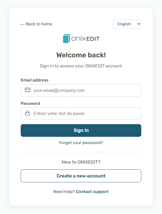 The ONIXEDIT sign-in page with the e-mail and password fields